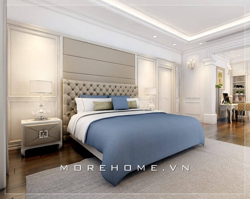Thiết kế giường ngủ hiện đại với tone tươi sáng sẽ mang đến cảm giác dễ chịu cho không gian phòng ngủ bố mẹ sang trọng